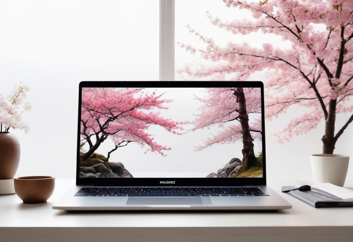 A stylish, inviting scene featuring an open laptop displaying a blurred website filled with Japanese adult content, surrounded by traditional Japanese elements like cherry blossoms and a shoji screen. A subtle glow emanates from the screen, symbolizing the allure of exploration, while a cautious but curious character observes from a safe distance. The colors are soft yet vibrant, blending modern and traditional aesthetics. super-realistic. vibrant colors. white background.
